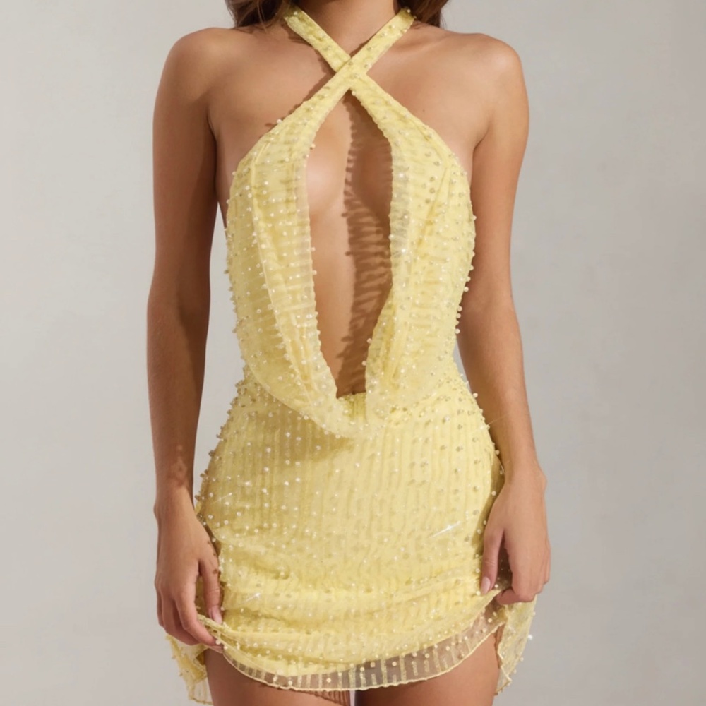Embellished Cowl-Neck Backless Mini Dress